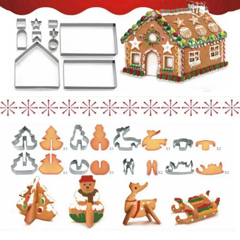 10pcs Stainless Steel Baking Mold Gingerbread House Mold Chocolate Reposteria Christmas Cabin Cake Silicone Pan Pastry Molds Bar