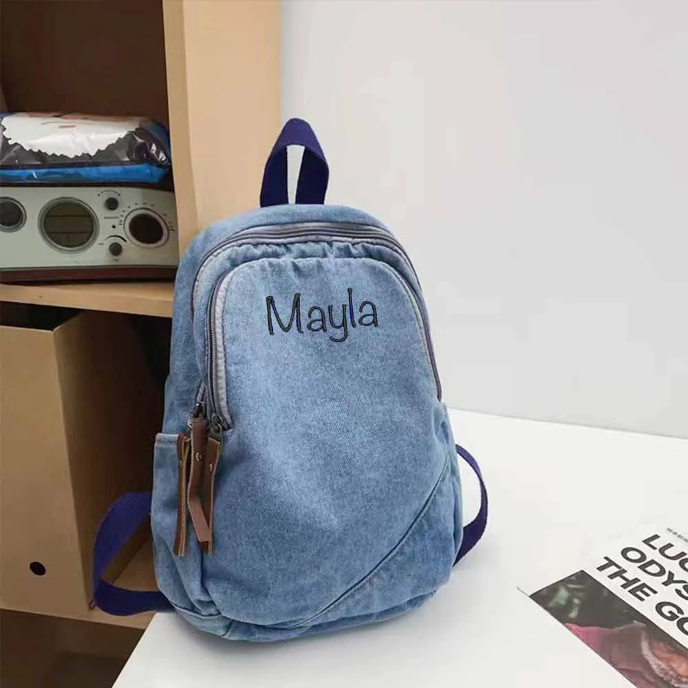 Personalized Name High School Student Backpack Custom Simple Denim Canvas Backpack Girl's Large Capacity Schoolbags with Name