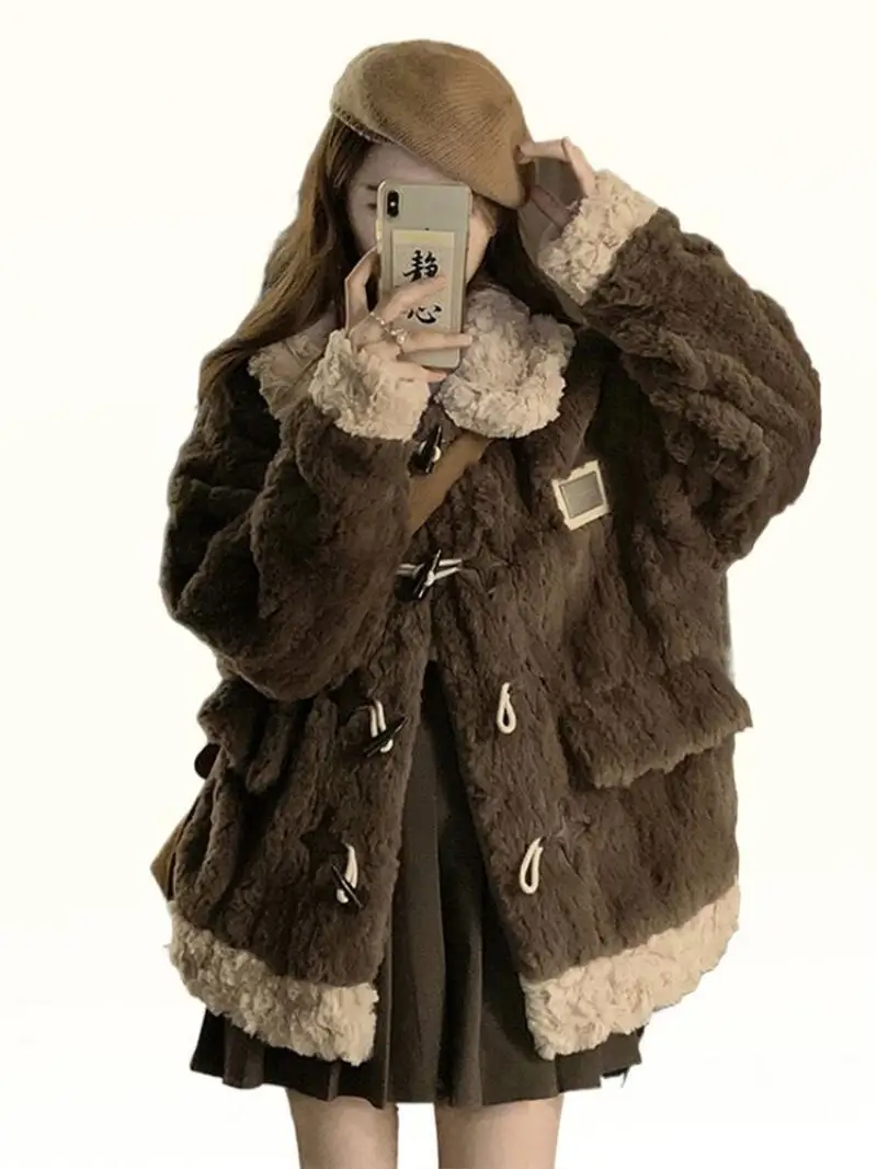 เสื้อโค้ทกันหนาวผู้หญิงไซส์ใหญ่ สไตล์เกาหลี กระดุมเขาสัตว์ เสื้อโค้ทผ้าฝ้ายหนา สำหรับผู้หญิง ฤดูหนาว อุ่นสบาย ผ้าขนแกะ