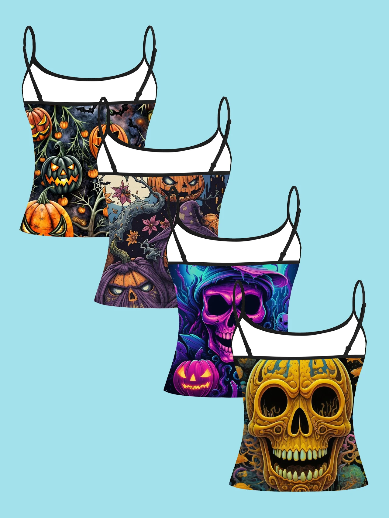 4-Piece Set of Halloween Skeleton Pumpkin Women's Camisoles, Dark Castle Bat Neon Colorful Skeleton Art Print Slim-Fit Spaghetti Strap Short Camisole Tops