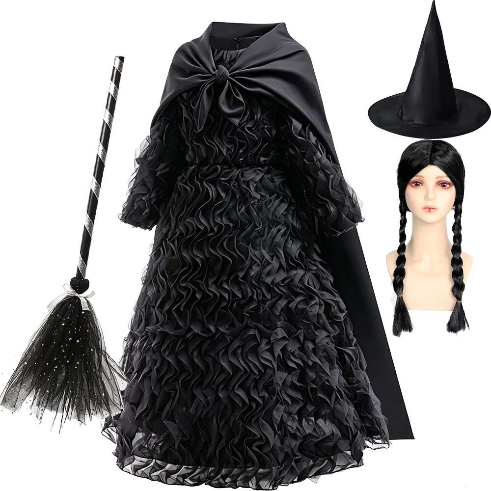 Schwarzes Hexenkostüm für Mädchen, gerüschtes Tüllkleid mit Umhang, langärmeliges gotisches Abendkleid für Kinder, Halloween, Karneval, Geburtstagsfeier – Detail 12