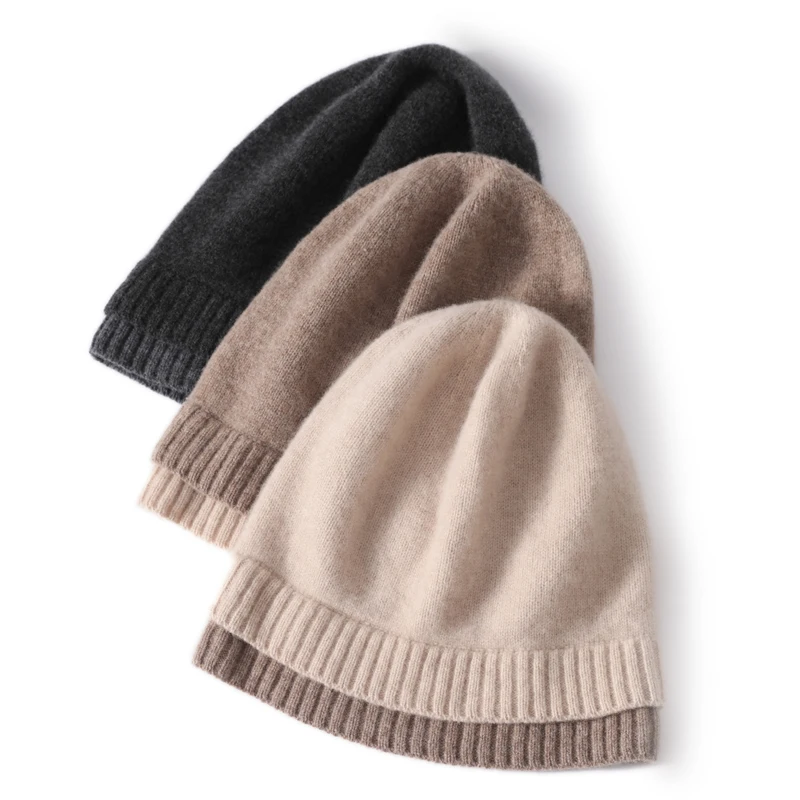 100%Wool Women Knitted Beanies Autumn Winter Warm Soft Cozy Cashmere Hats Fashion 2 Layer Hem Bonnet Outdoor Ski Skullies Cap