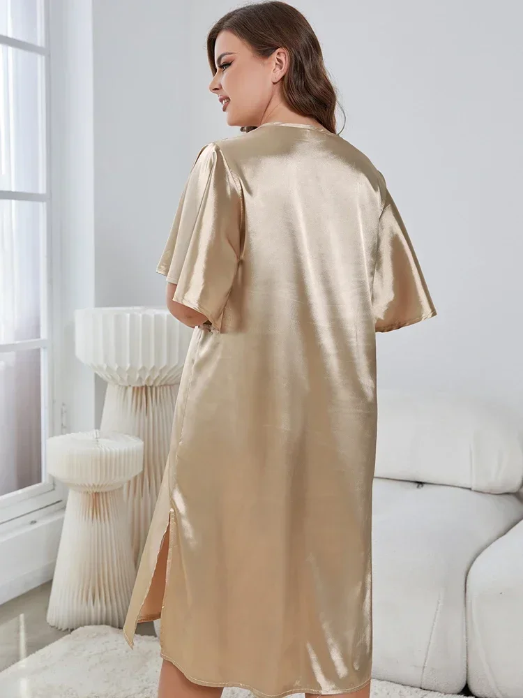 Female Nightwear Loungewear Plus Size Sleepwear Dresses V Necked for Women Pajama Ruffled Short Sleeves Side Split Homewear