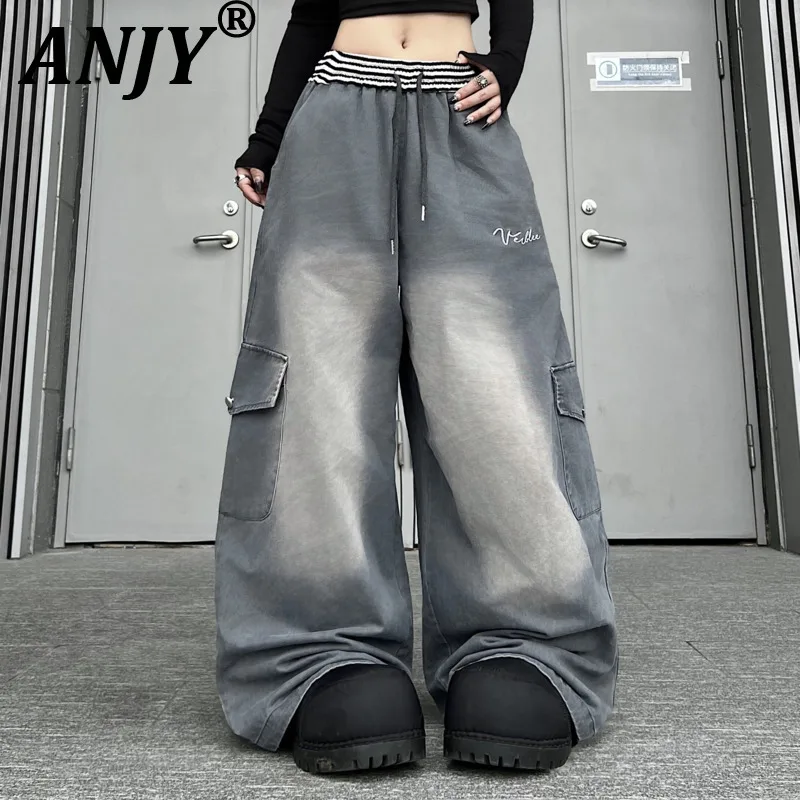 

ANJY Spring Autumn New Women Washed Distressed Contrast Color Elastic Waist Jeans Tide Casual Letter Print Wide-Leg Pants A21214