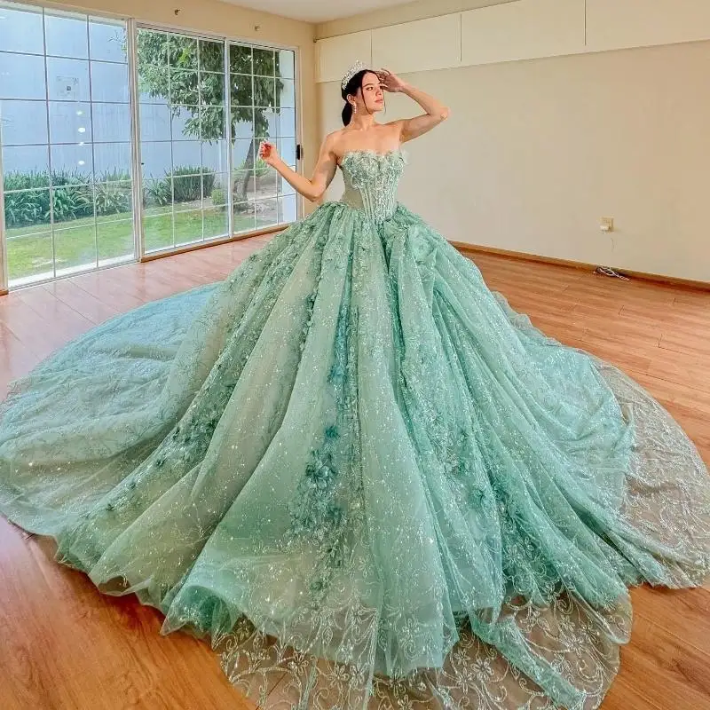 Mintgroen Sweetheart Baljurk Quinceanera Jurken Sweet 16 Prinses Pailletten Applique Kant Bloem Kralen Tule Vestidos 15 De Anos