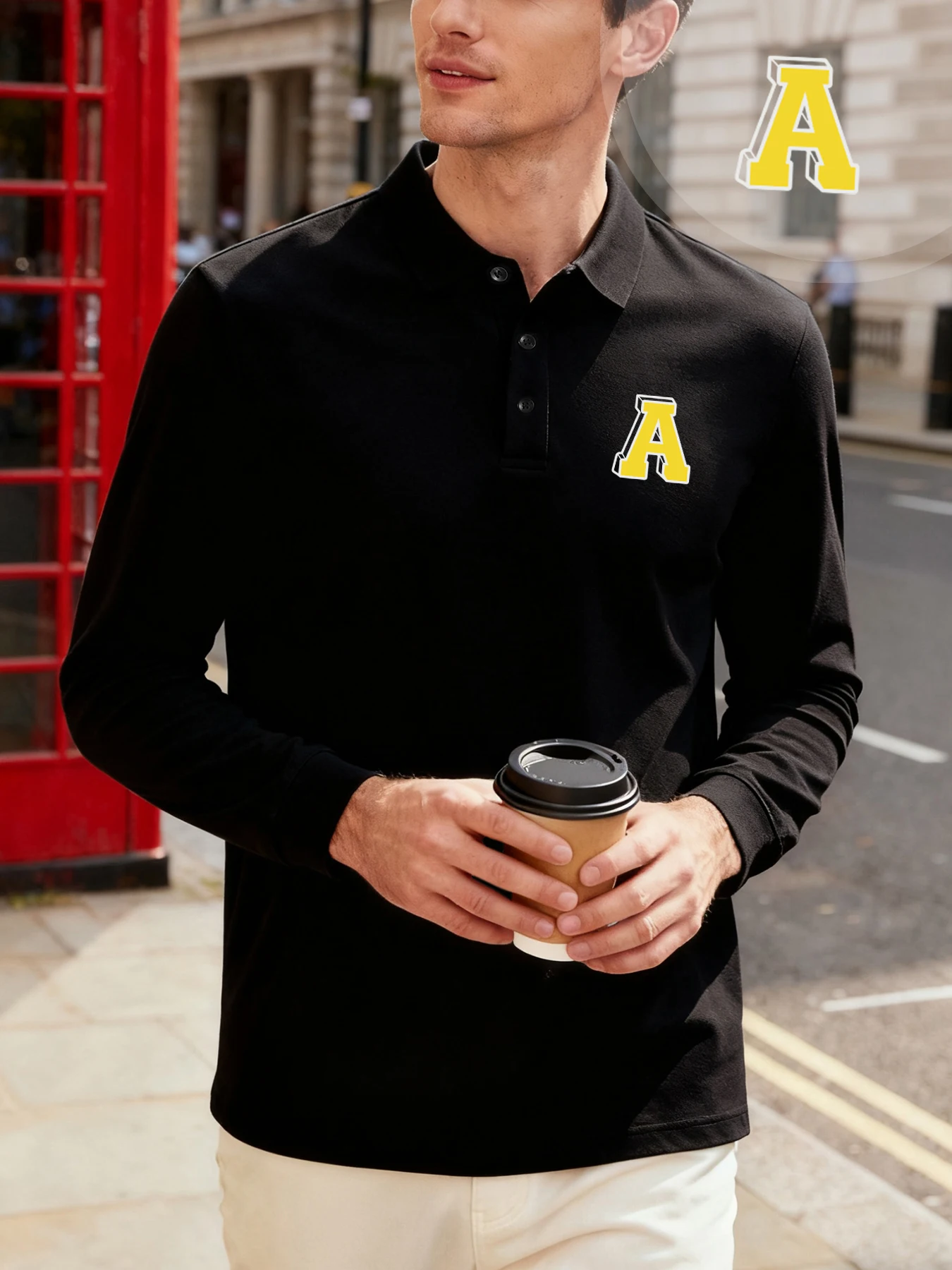 حرف A طباعة الرجال عكس قميص بولو البساطة كل مباراة قمصان الخريف أساسيات الملابس لينة عادية للجنسين موضة كم طويل #1