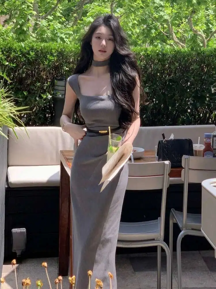 

French Vintage Elegant Pure Color Midi Women Casual Even Party Slim Office Lady One Piece Dress Korea Fashion Summer