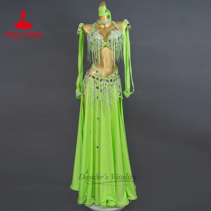 

Belly Dancer Costume Customized Senior AB Stones Bra+tassel Long Skirt+Accessory Set Adults and Children Competition Clothing