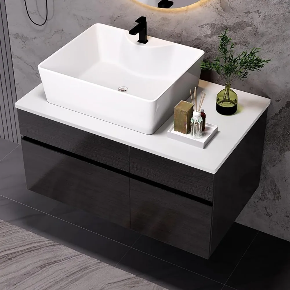 

31,5-дюймовый современный плавающий туалетный столик для ванной комнаты с керамической раковиной | Настенный туалетный столик из массива дерева, 2 ящика с мягким закрыванием и место для хранения вещей