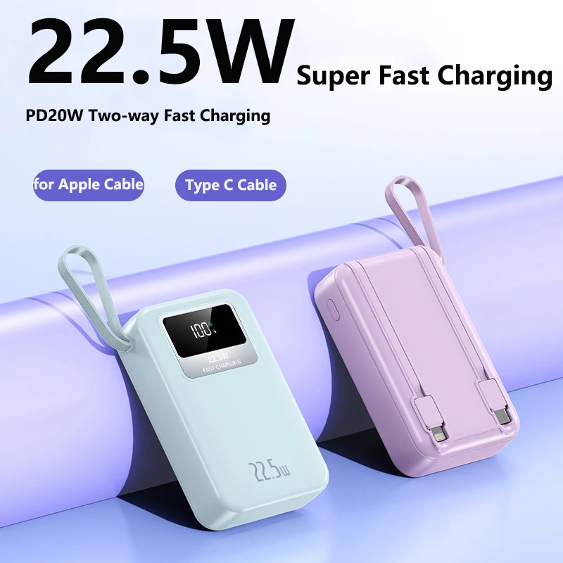 

30000mAh Mini Power Bank Built in Type C Cable 22.5W Fast Charger Powerbank for iPhone 15 14 Samsung S23 Huawei Xiaomi Poverbank