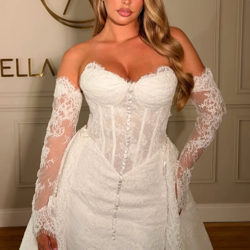 Lace White Appliques Wedding Dresses Pearl Crystal Decal Skirt Detachable Long Tail Mermaid Skirt Made wedding dress Bridal Gown