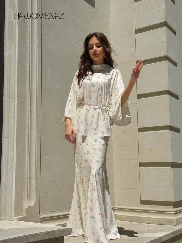 

Casual Floral Tops Long Skirt Sets Women Sweet Lace Up Full Sleeve Shirt Trumpt Skirts Set Female 2025 Summer Fall Lady Suits