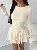 Autumn Winter Solid Color Slim Fit Cascading Ruffles Mini Dress Women Elegant Flare Sleeve High Waist Sexy Party Bodycon Dresses - Image 2