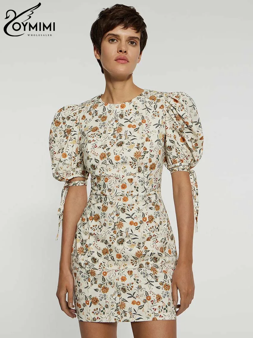 

Oymimi Casual Beige Print Women's Dress Fashion O-Neck Short Sleeve Lace-Up Dresses Elegant High Waisted Mini Dresses Streetwear