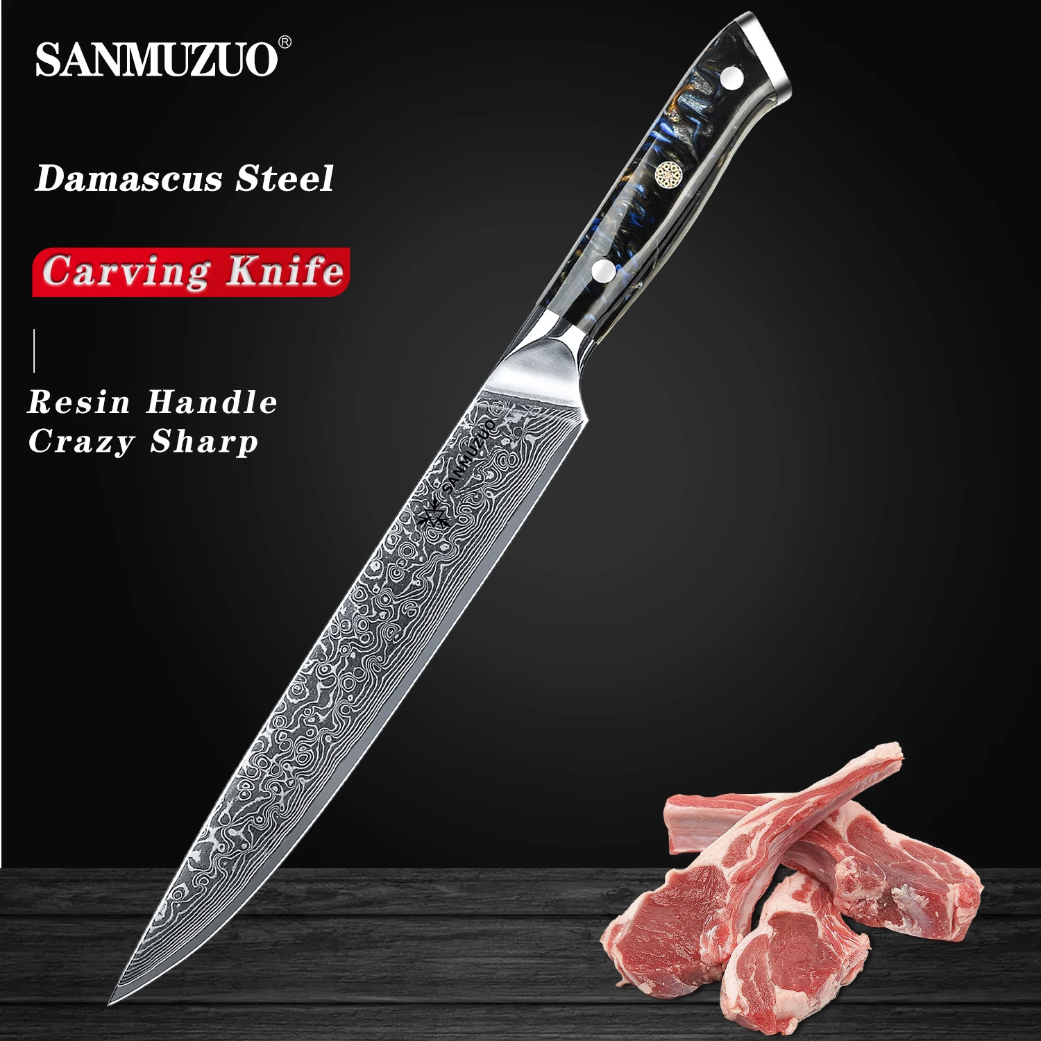 

SANMUZUO Carving knife - 9 inch Slicing Knife- Xuan Series - VG10 Damascus Steel Kitchen Meat Cutting Knife - Resin Handle