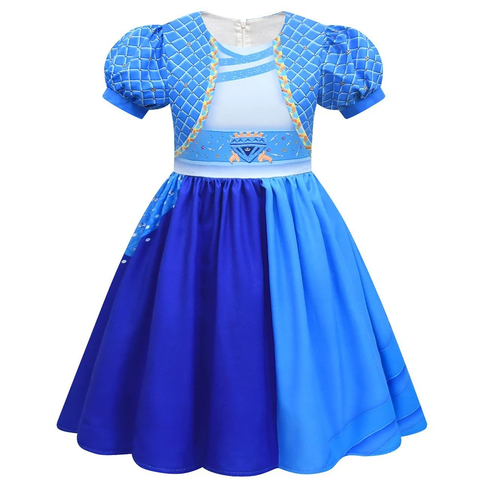 Movie Rise of Red Chloe Cosplay Dress Girls Blue Print Ball Gown Lantern Sleeve Dress For Kids Halloween Disguise Clothes