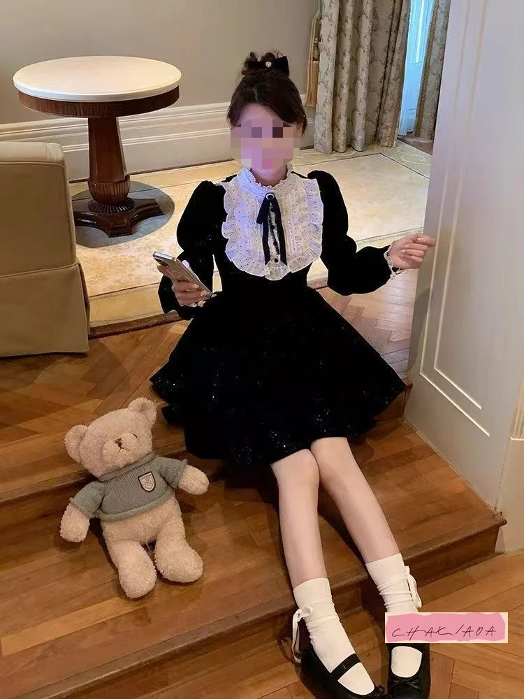 Halloween usar veludo dupla camada fina flash puff bolo vestido bolha de manga comprida veludo cintura rico estilo família vestido aniversário