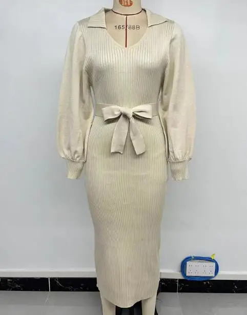 

Women's Dress 2025 Fashion Autumn/winter Elegant Retro Light Mature Style Lantern Sleeves V-Neck Solid Color Knitted Wool Dress