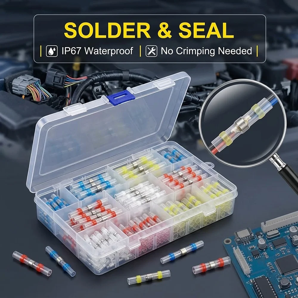 20-100Pcs Waterproof Heat Shrink Wire Sleeves Solder Seal Electrical Butt Terminals Splice Insulated Connector Kit Tool
