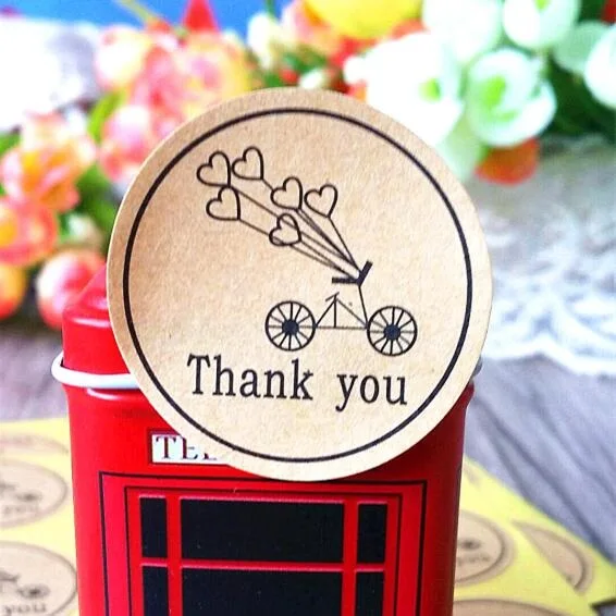 100pcs/lot  Round Kraft Paper Seal Sticker Romantic Bicycle Heart Holiday Thank You Stickers packaging label Material Supplies