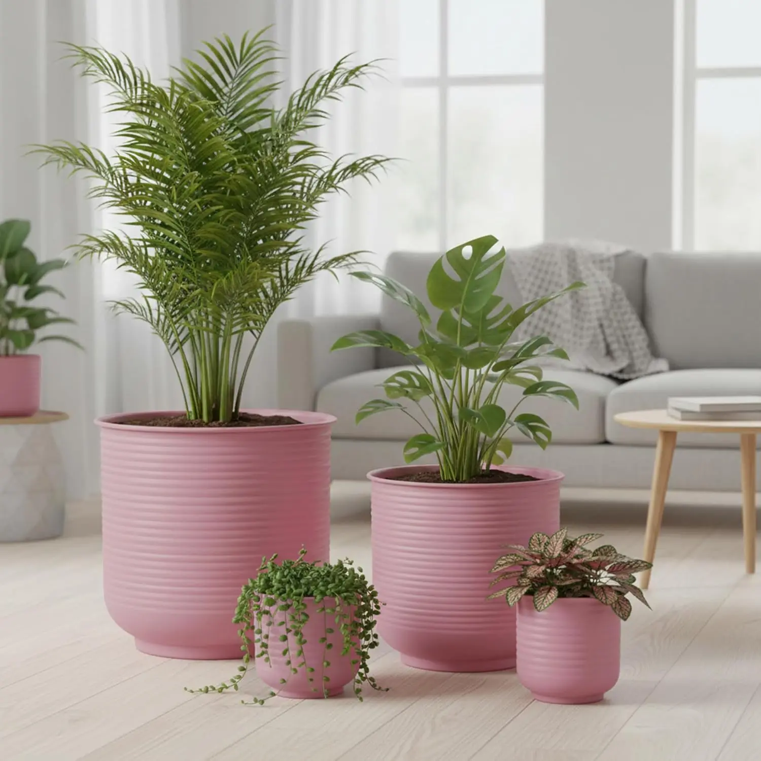 Set of 4 Powder-Coated Dusty Rose Metal Cachepots 6