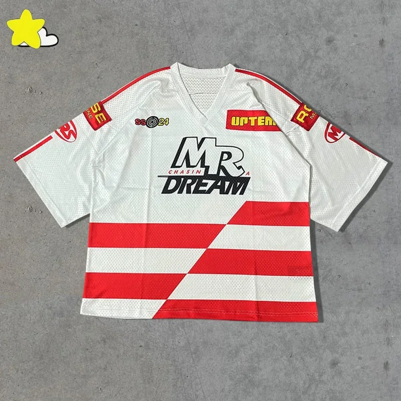 تي شيرت شبكي برقبة على شكل جمجمة وردية للرجال والنساء ، تيشيرت كبير الحجم ، طباعة شعار رقعة ، موضة غير رسمية ، جودة عالية ، 24SS