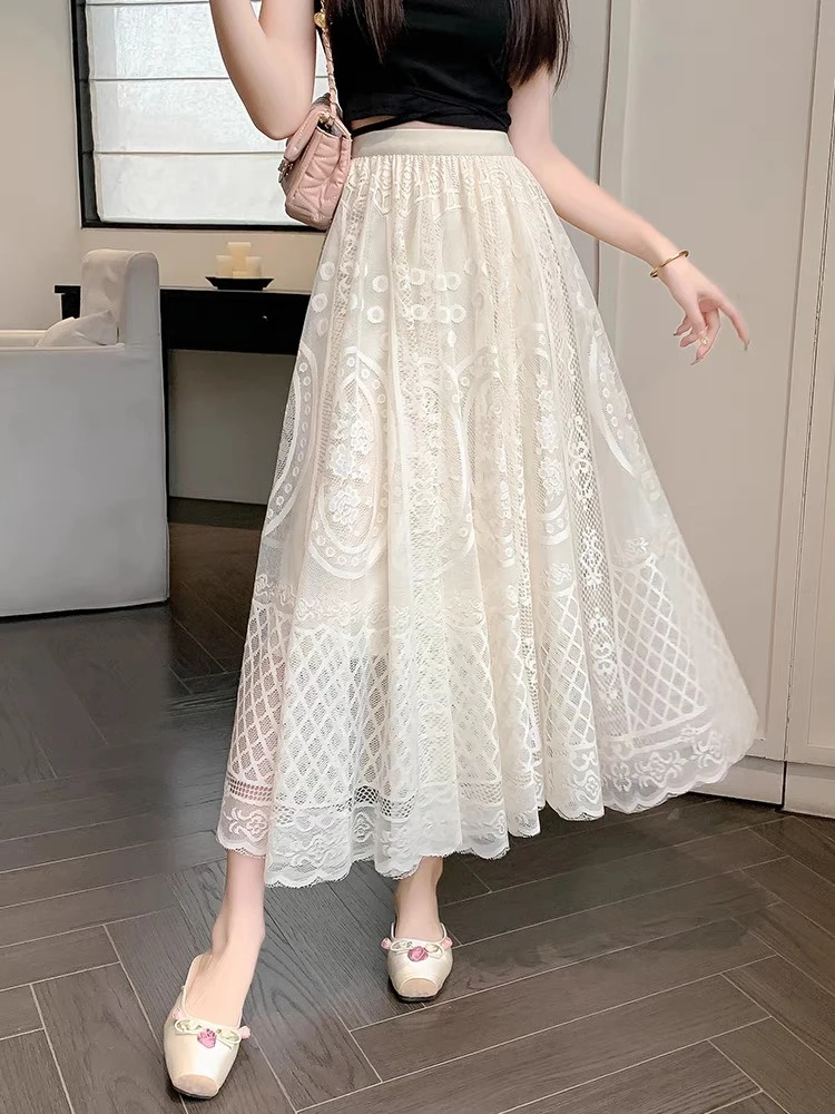 Lace Skirt High Quality Mid-Length Overskirt Women's Spring Summer New Elegant OL High Waist A-Line Slim Look Mesh Skirts Female