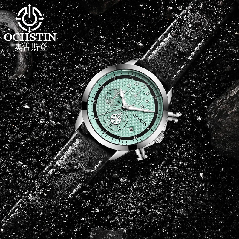 OCHSTIN Men’s Voyager Multi‑Function Quartz Watch Man Genuine Leather Band Mineral Hardened Glass Waterproof Wristwatch
