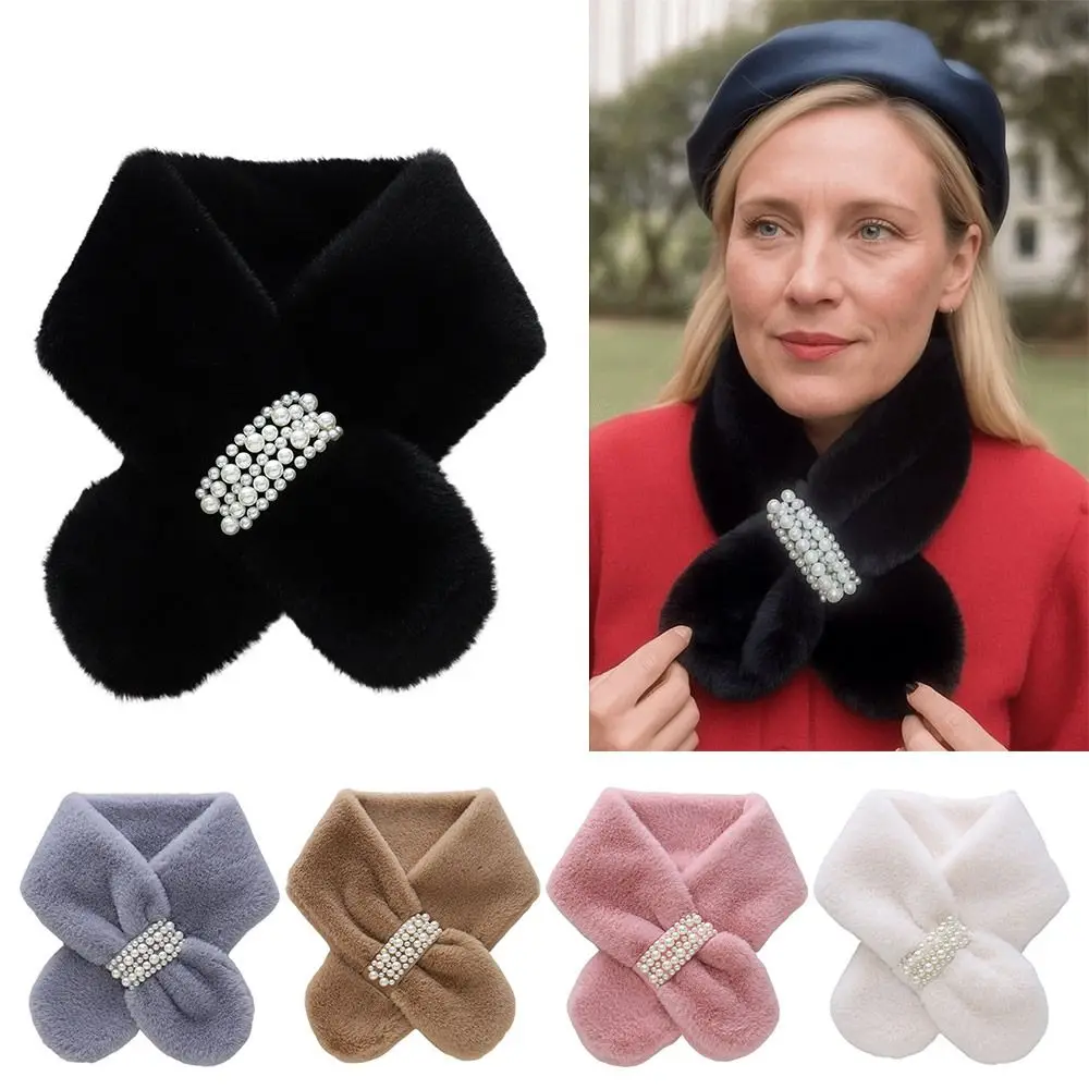 لطيف سميكة اللؤلؤ وشاح لينة فو الأرنب الفراء الكورية نمط وشاح الصليب وشاح الشتاء الدافئ في الهواء الطلق