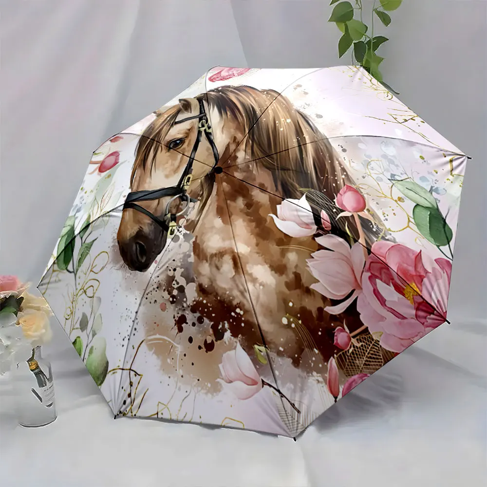 1PC Elegant Horse and Floral Umbrella Design Print 8 Iron Ribs Folding Umbrella Auto-Open Fashion Sunshade