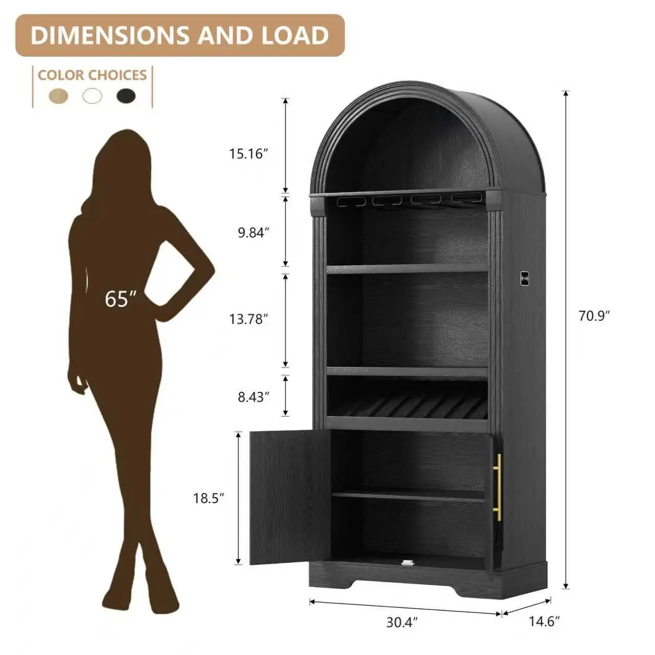 71" Black Arched Fluted Coffee Bar Cabinet LED Light Wine Rack Liquor Storage, Custom image 8