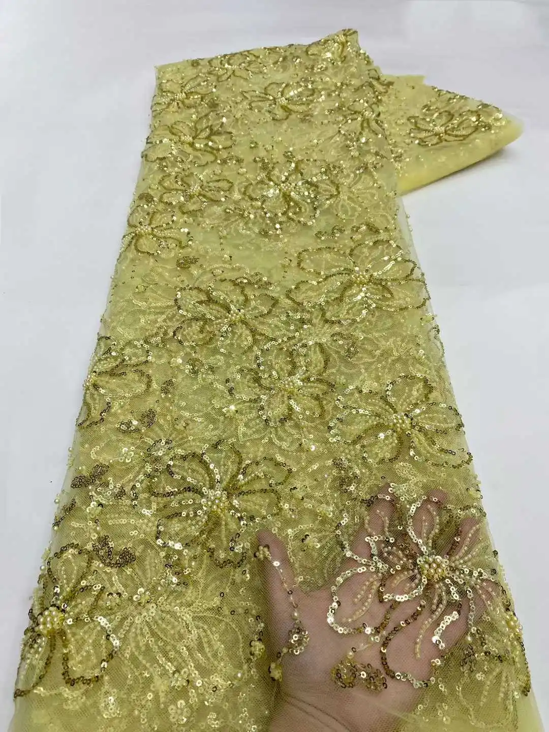 

Luxury African Sequins Groom Lace Fabric 2026 High Quality French Nigerian Beaded Lace Fabric For Wedding Dress