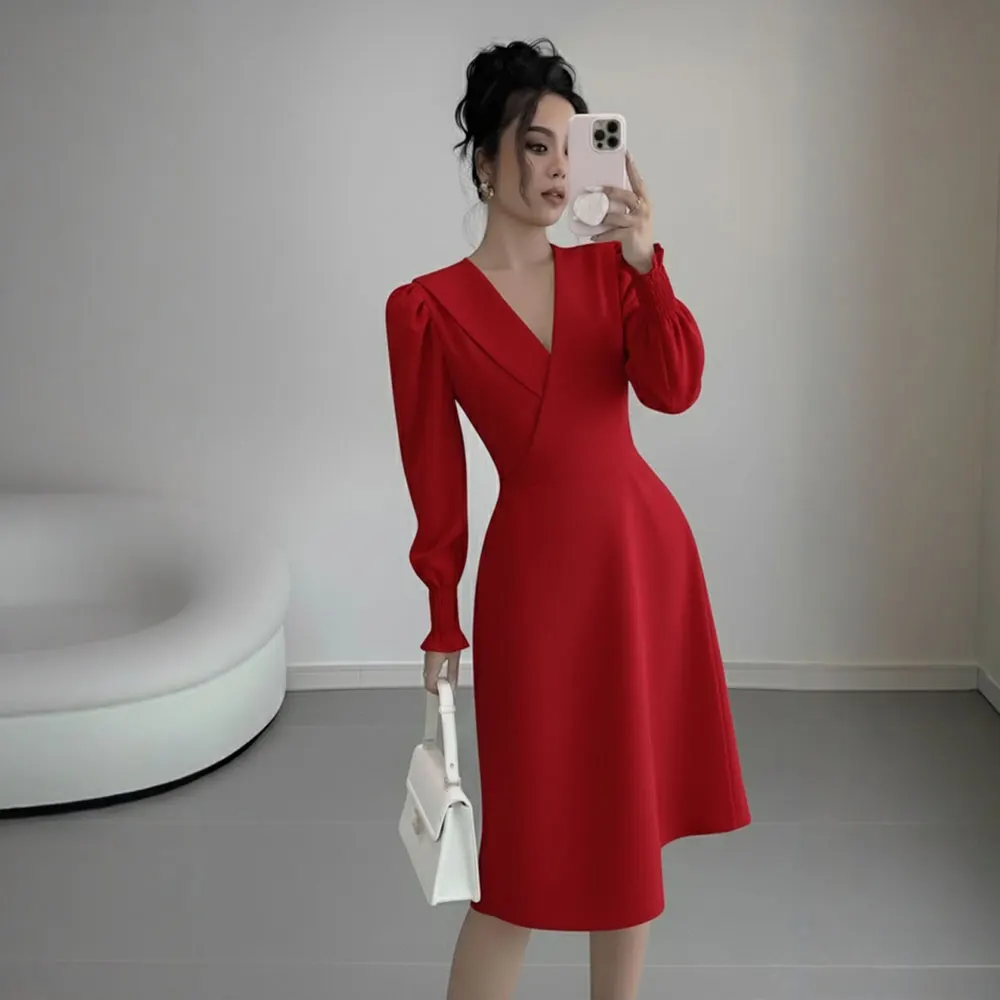 Casual pasvorm, halflange jurk, herfst, A-lijn rok, rechte mouw, ronde hals, geen decoratiestijl