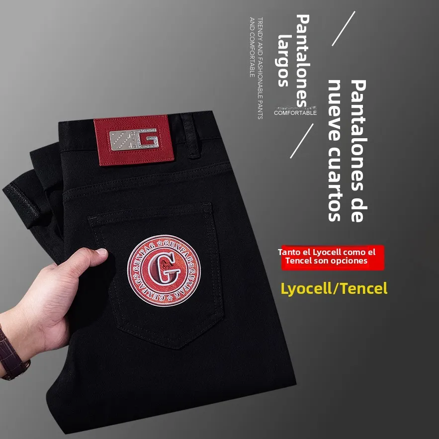 Nuevos Jeans de Pierna Recta de Lyocell Seda Lisse, Color Negro Puro, Ligeros y de Lujo, Verano 2026, para Hombres de Mediana...