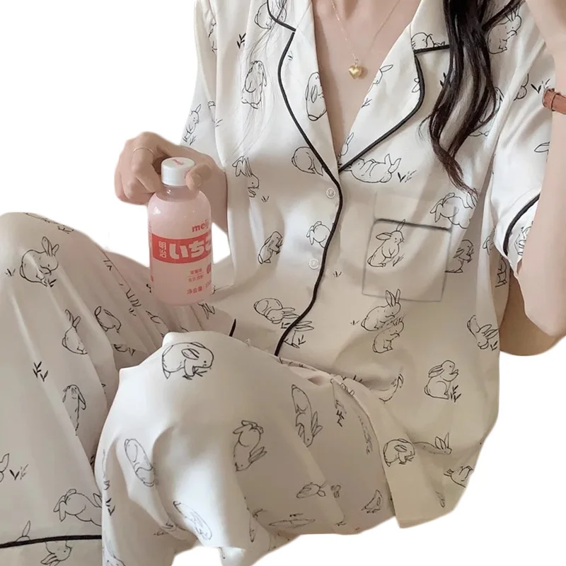 Ladies New Simple Cartoon Pajamas Loungewear Set Spring Summer Ice Silk Short Sleeve Pants Casual Pajamas Loungewear Ladies