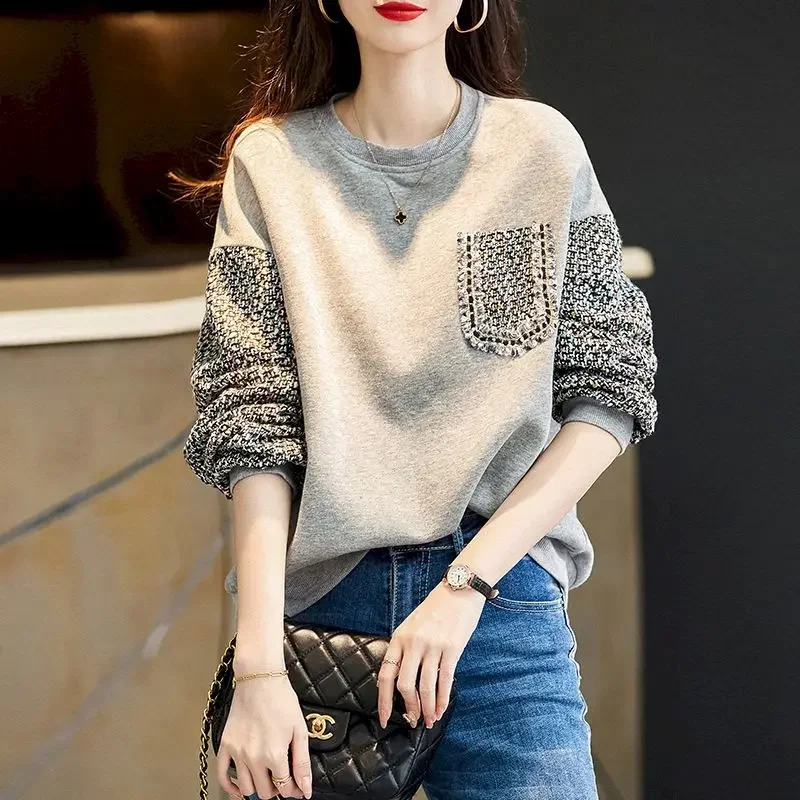 Cotton T Shirts Women Grey O-neck Long Sleeve T-shirt Spring Autumn Thin Pullovers Trendy Loose Jacket Fashion Casual Tops Woman