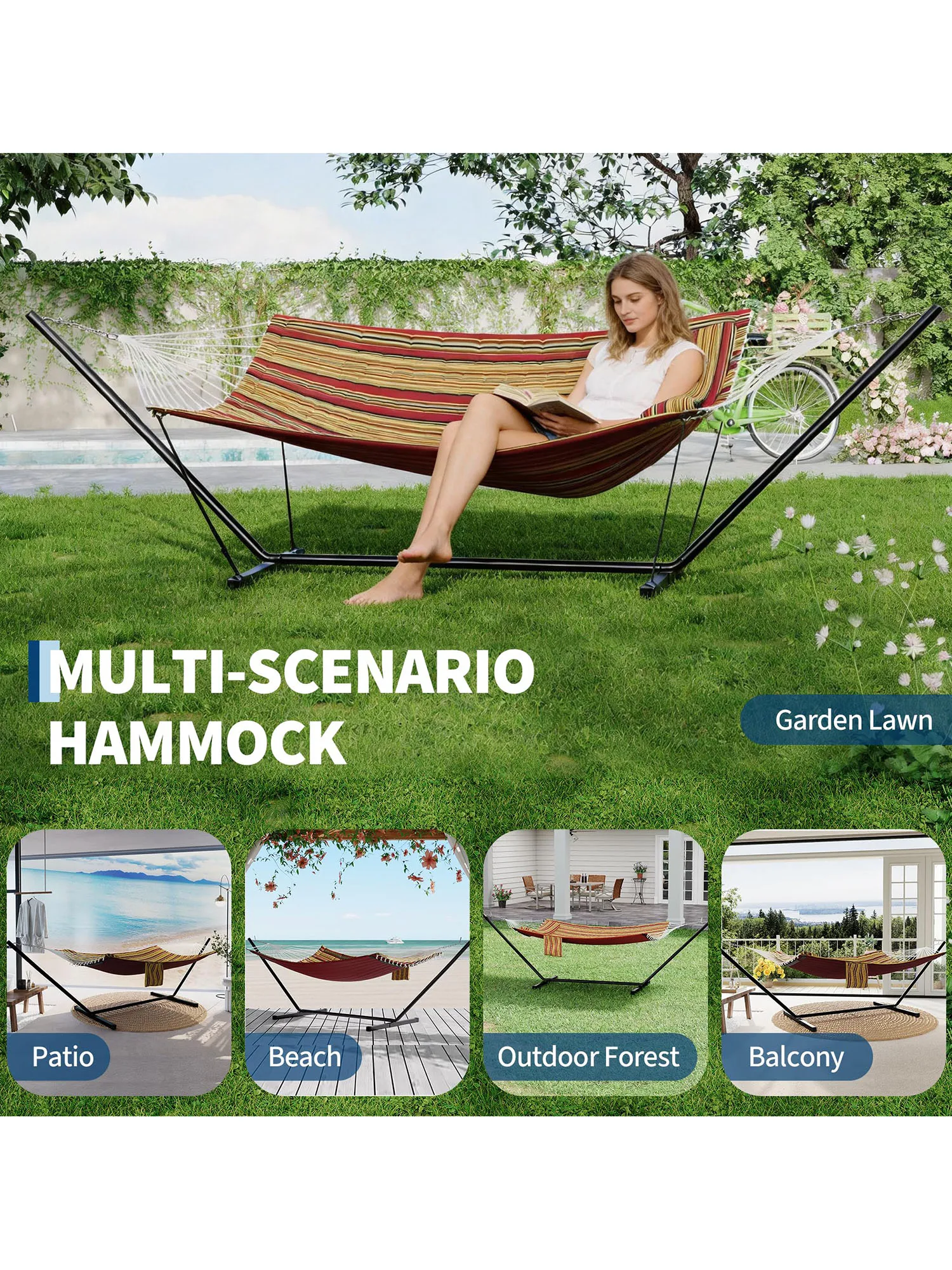 Robuste 2-Personen-Outdoor-Hängematte mit Ständer, verstellbarer Stahlrahmen, Outdoor- und Indoor-Hängemattenmöbel mit Kissen für den Garten