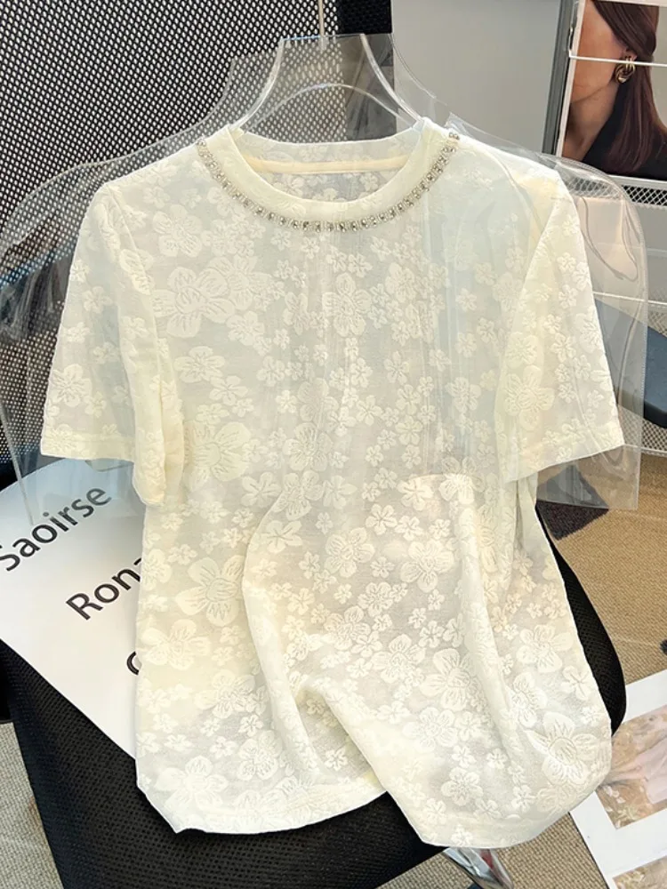 

Круглая кружевная футболка Heavy Embellied Ne ort Sve, женский летний топ свободного кроя с ромбовидной вышивкой f Sve Body irt