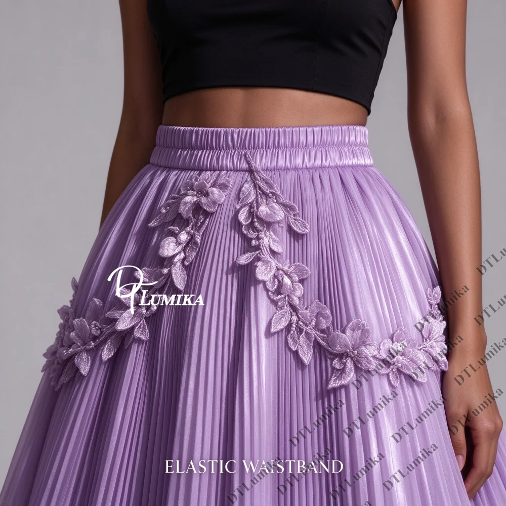 DTLumika Long Tulle Maxi Skirt with Lace Appliques Elastic Waist Pleated A Line Formal Party Prom Evening Skirts Customized Size
