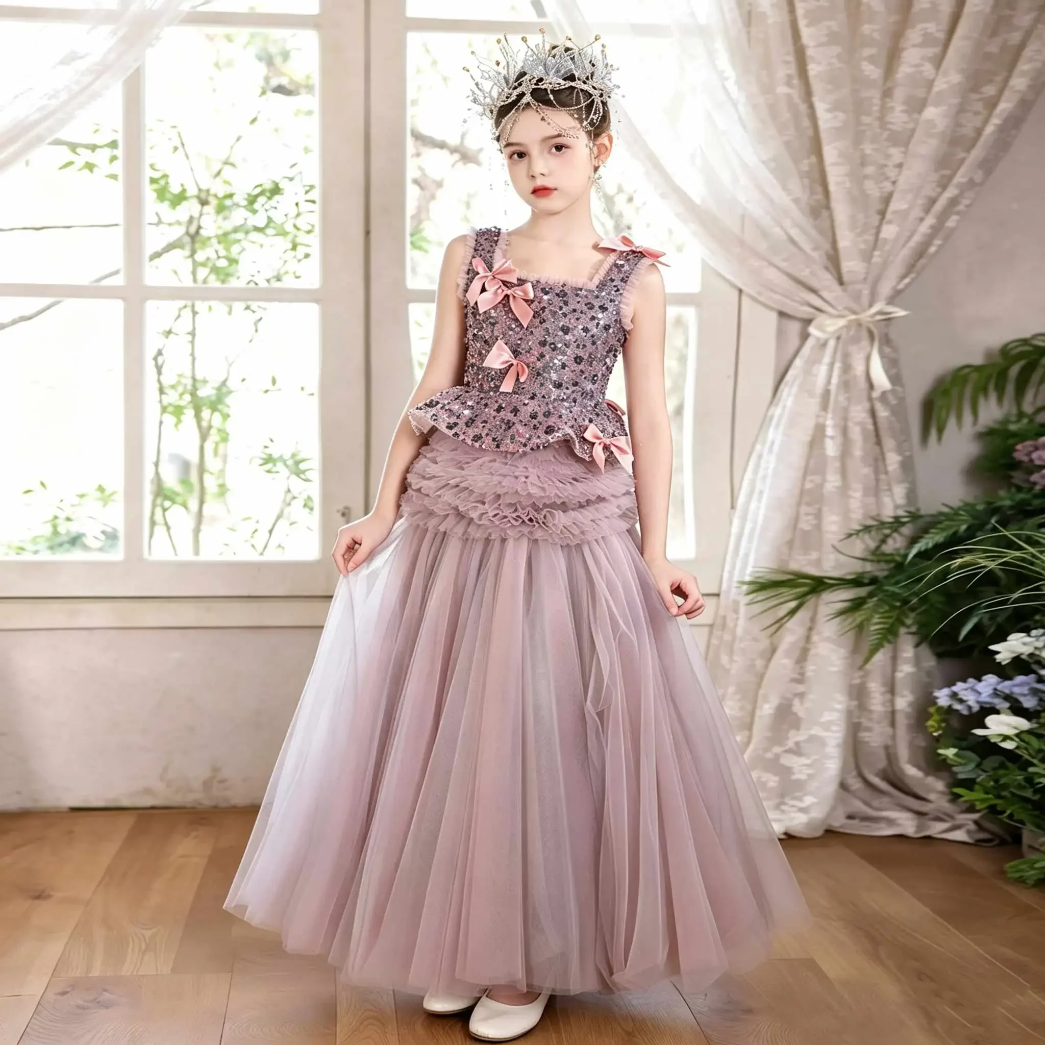 Custom Luxury Dress Women Wedding Guest Dress Flower Girl Wedding Gown Birthday Party Pageant Runway Pink Sequin Ruffled Gown