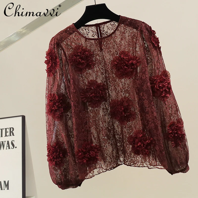 

Korean Fashion Heavy Three-Dimensional Flower Lace Shirt 2025 Autumn Clothes New Loose Elegant Long Sleeve Top Women's Blouse