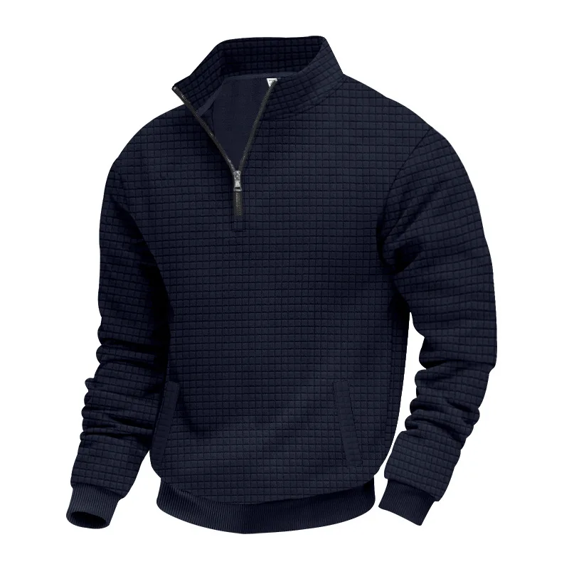 semi-zipper sweater men's autumn and winter jacquard small checkered stand-up collar casual pullover large size sweater