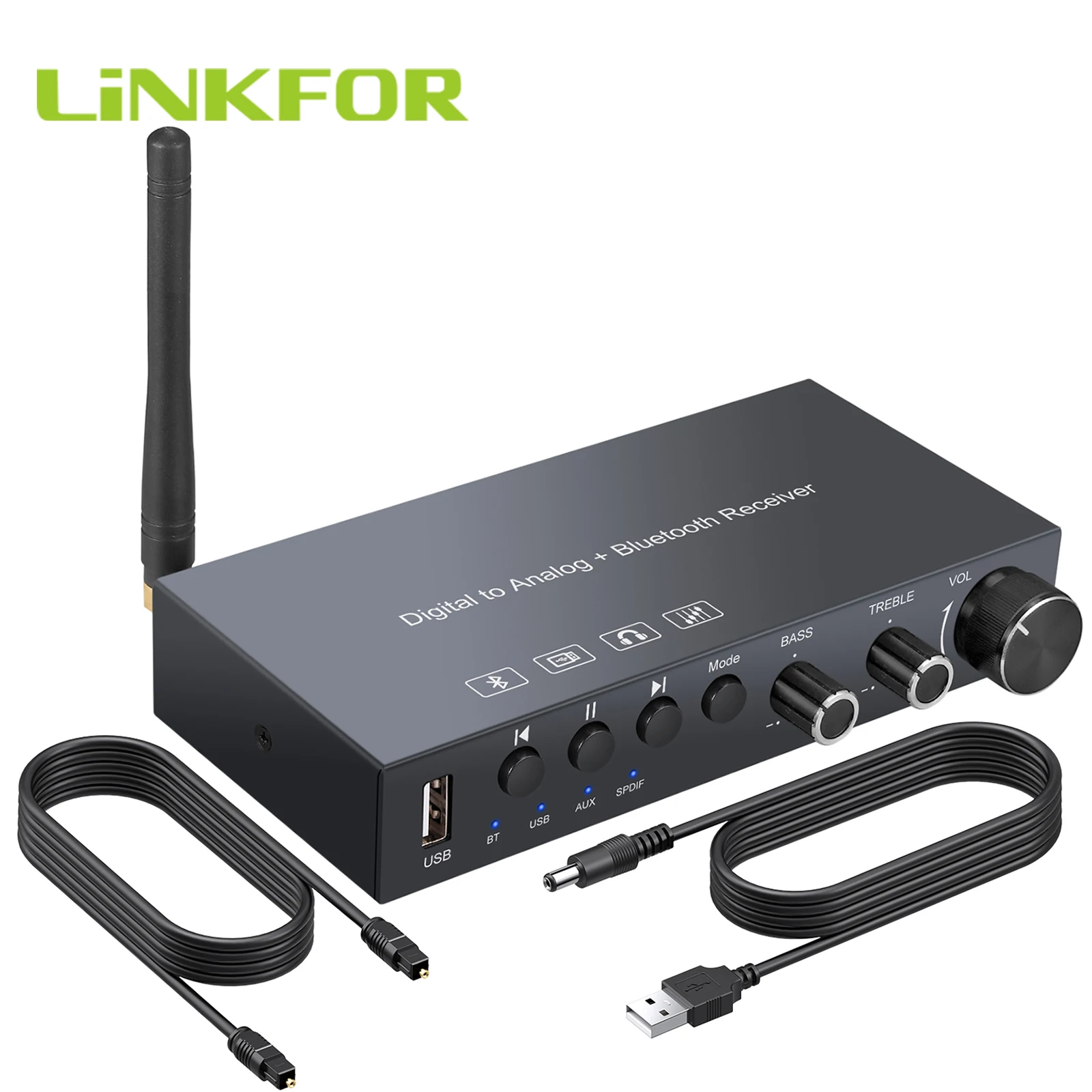 

LiNKFOR 192KHz Bluetooth Digital to Analog Converter DAC Toslink AUX to RCA 3.5mm USB Flash Drive Volume Treble & Bass Control