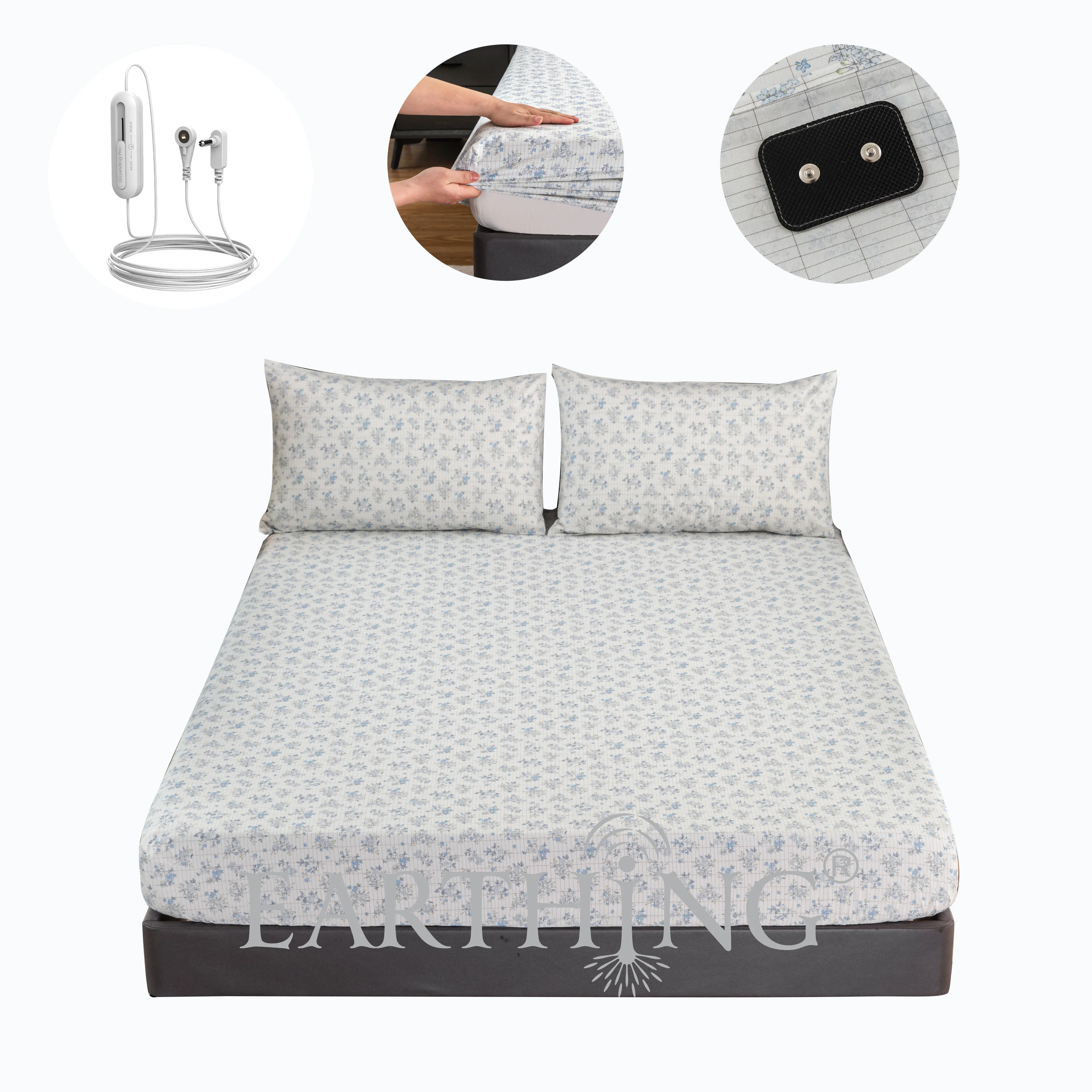 

Earthing Fitted Sheet 15inch-Deep pocket white floral conductive fabric anti-static comfy breathable with groundign cable 16.5ft