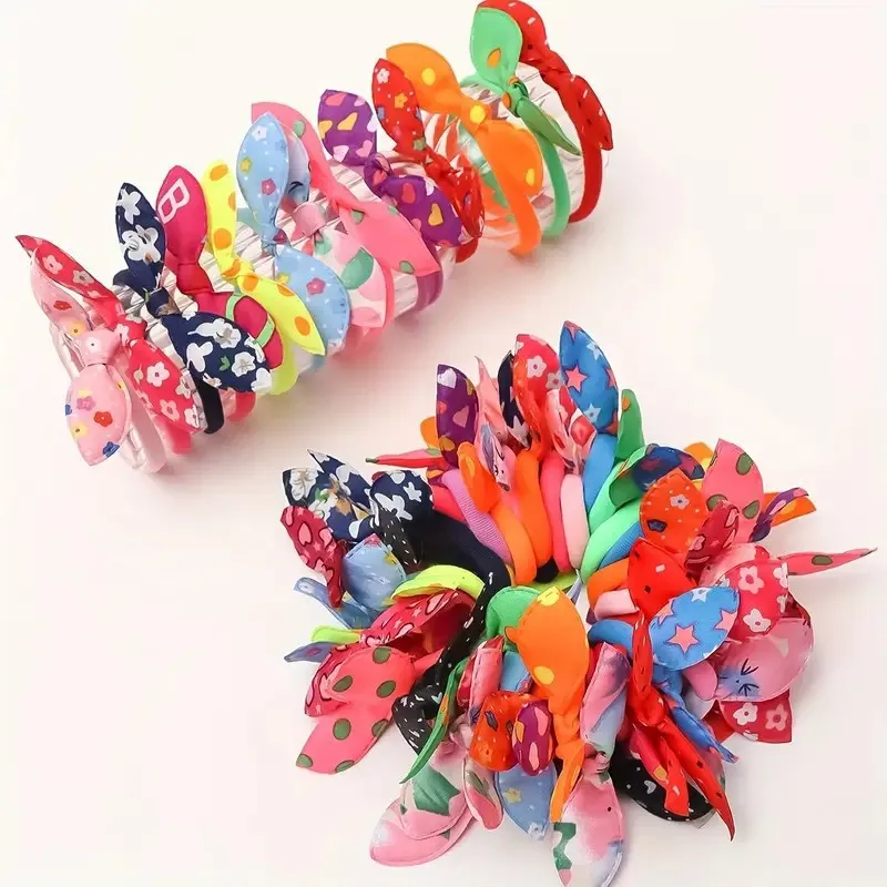 1/38/40Pcs Kids Rabbit Ear Bow Hair Ties Floral Polka Dots Print Elastic Hair Bands Sweet Girls Ponytail Hair Accessories