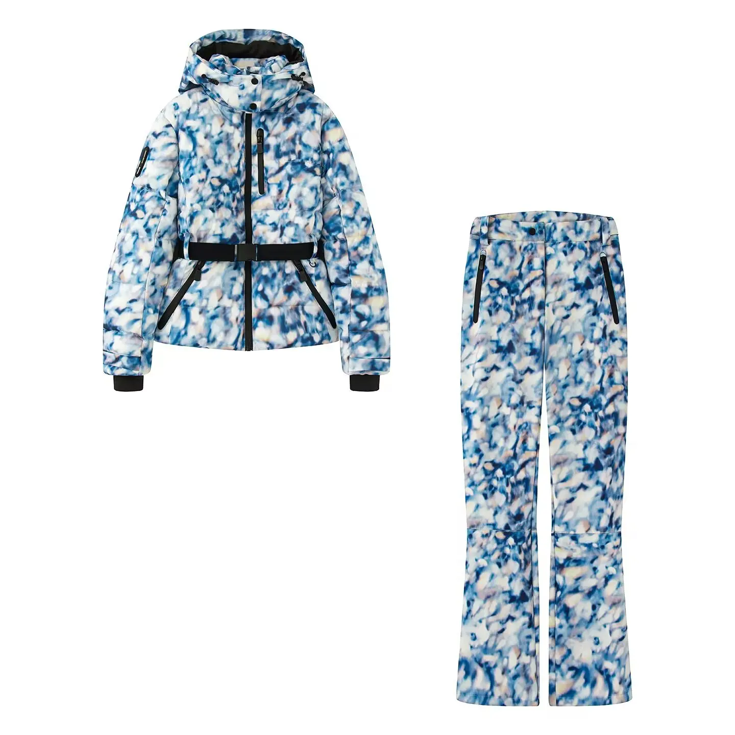 2026 Women's Winter Hooded Blue Padded Sports Parkas Pants 2 PCS Set Lady Elegant Warm Windproof Skiing Coats Jackets Trousers