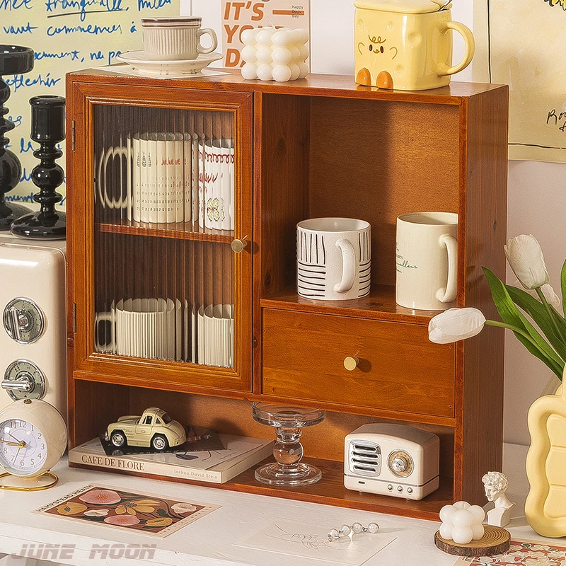 Cup Shelf Desktop Drawer Storage Box Office Sundries Organizing Cabinet Teacup Tea Set Solid Wood Display