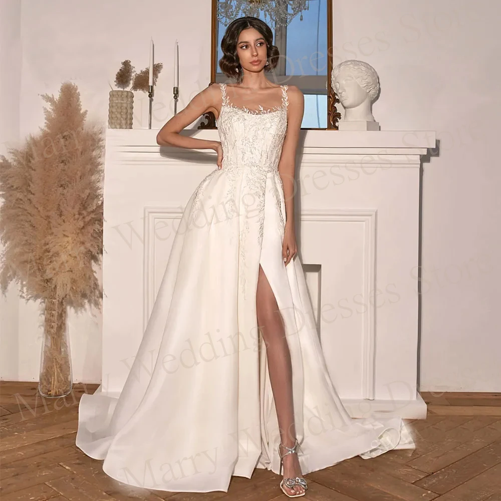 New Modern Square Collar Wedding Dresses Sleeveless A Line Lace Applique Bride Gowns With Sexy Side Slit Satin Smooth Beading