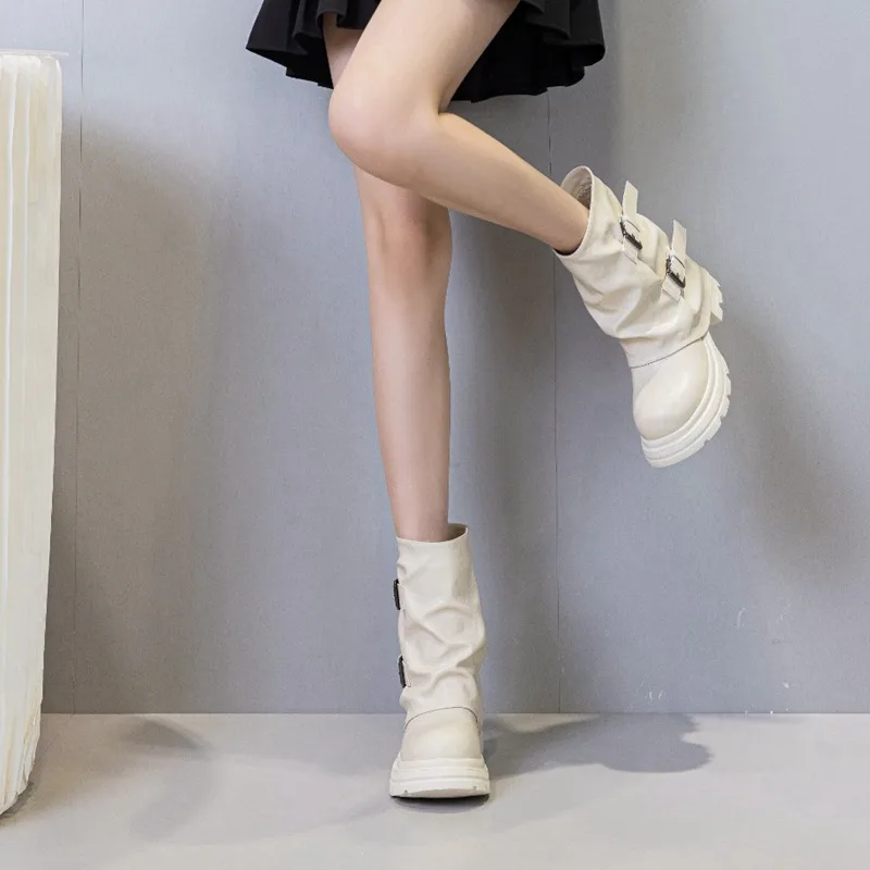 AUTUSPIN 12cm Chunky Boots Women Winter Autumn Retro Classic Genuine Leather Wedge Hidden Heel Booies Popular Street Footwear - Image 3