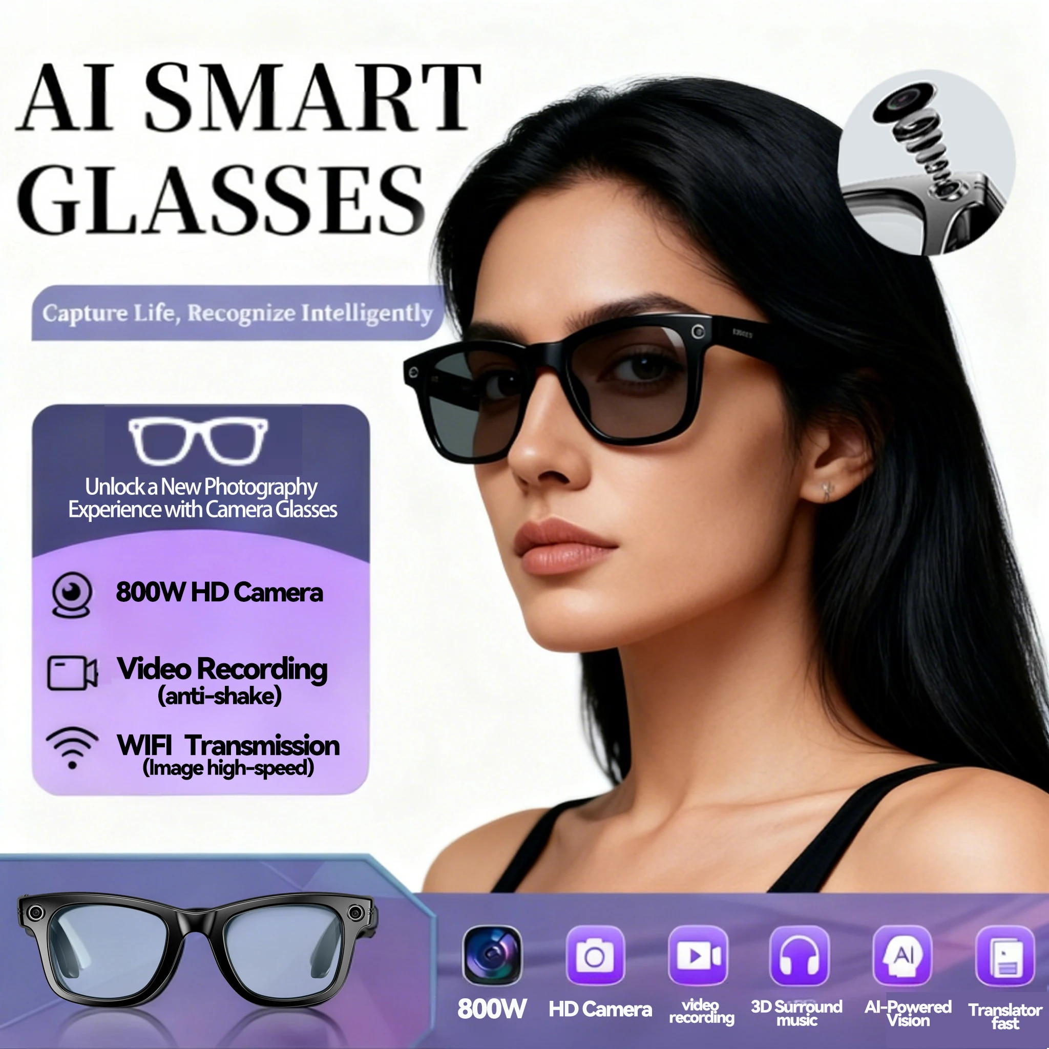 

AI smart glasses with camera Video Recording 100+ Languages Translation Sunglasses Bluetooth Call Music Play Men Women 2025